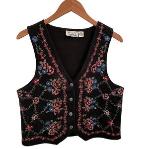 TanZara Vintage Floral Embroidered Wool Blend Vest Medium
